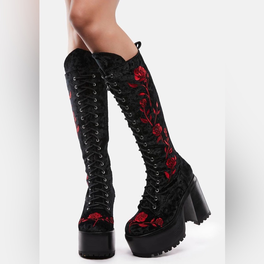 Dolls Kill black and red combat boots roses